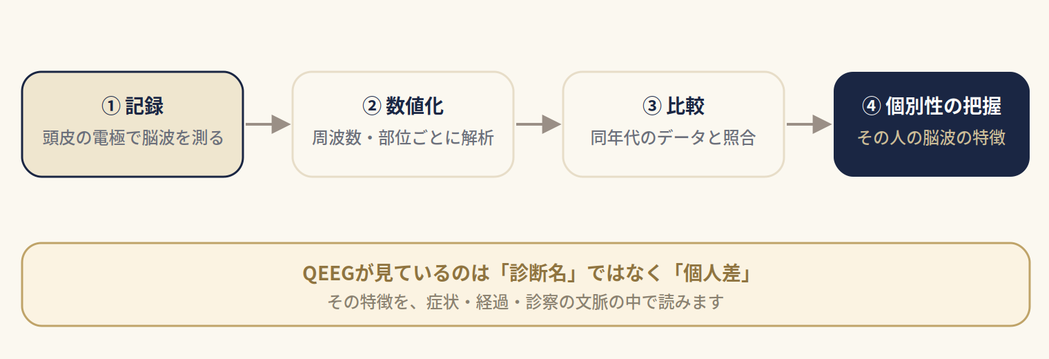 QEEGが担う範囲と、診断が決まる範囲を分けて示した図。QEEGは脳波の特徴を数値として示すところまでを担当し、診断名は症状・経過・診察に基づいて決まることを示している。